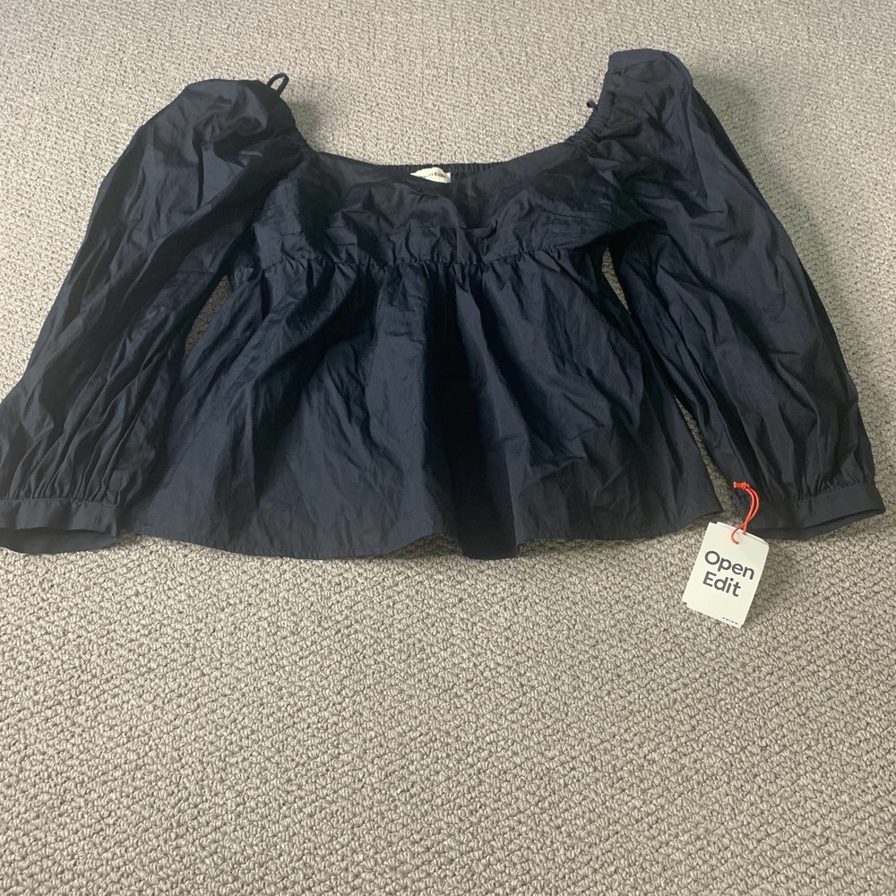 Open Edit Womens Blouse Top Size Large Black Babydoll Cropped Long Sleeves NWT